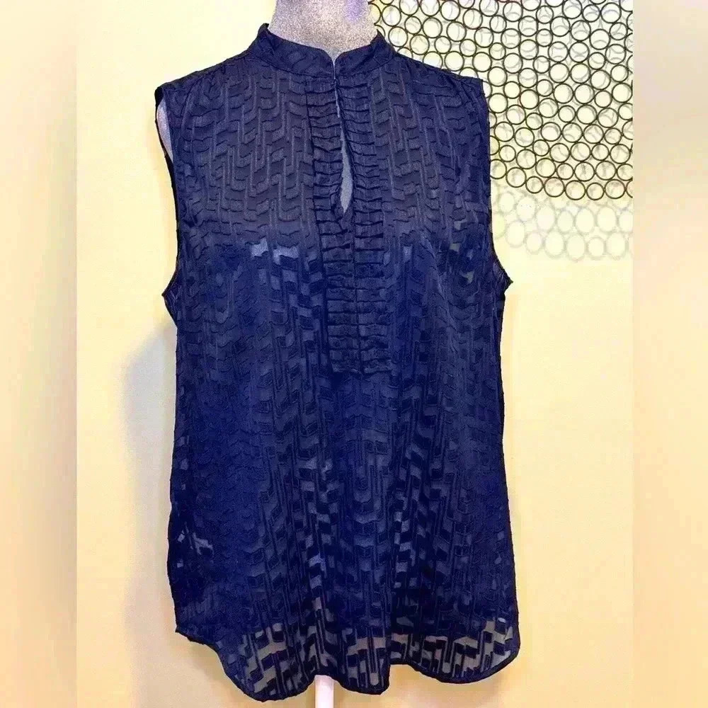 Ann Taylor - Sleeveless see through pattern shirt navy blue - Size Large